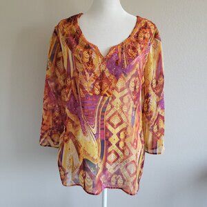 Chico's Silk Blouse Sequin Bead Washable Silk Mod Artsy Abstract Size 1 Vintage